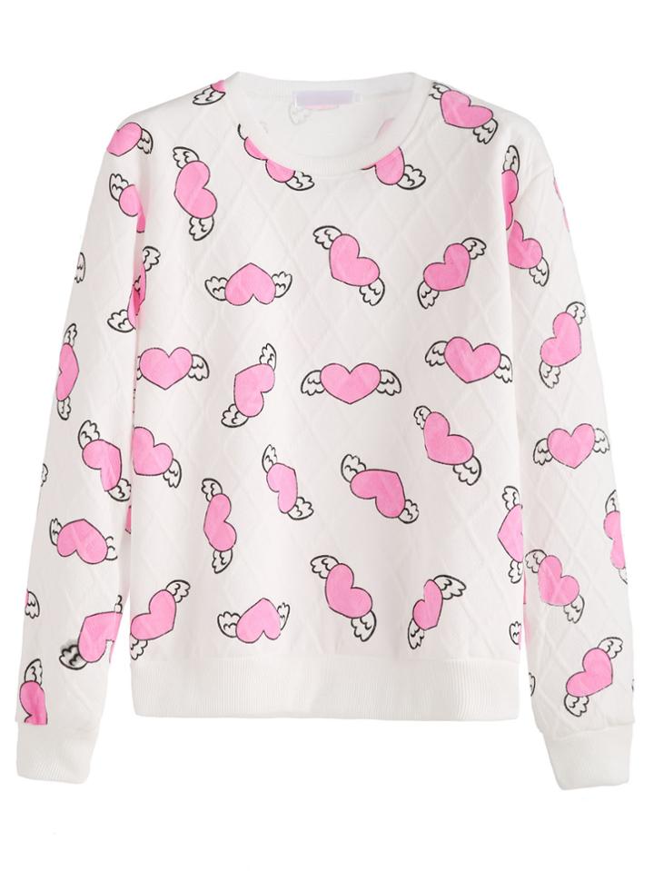 Shein White Hearts Print Plaid Embossed Sweatshirt