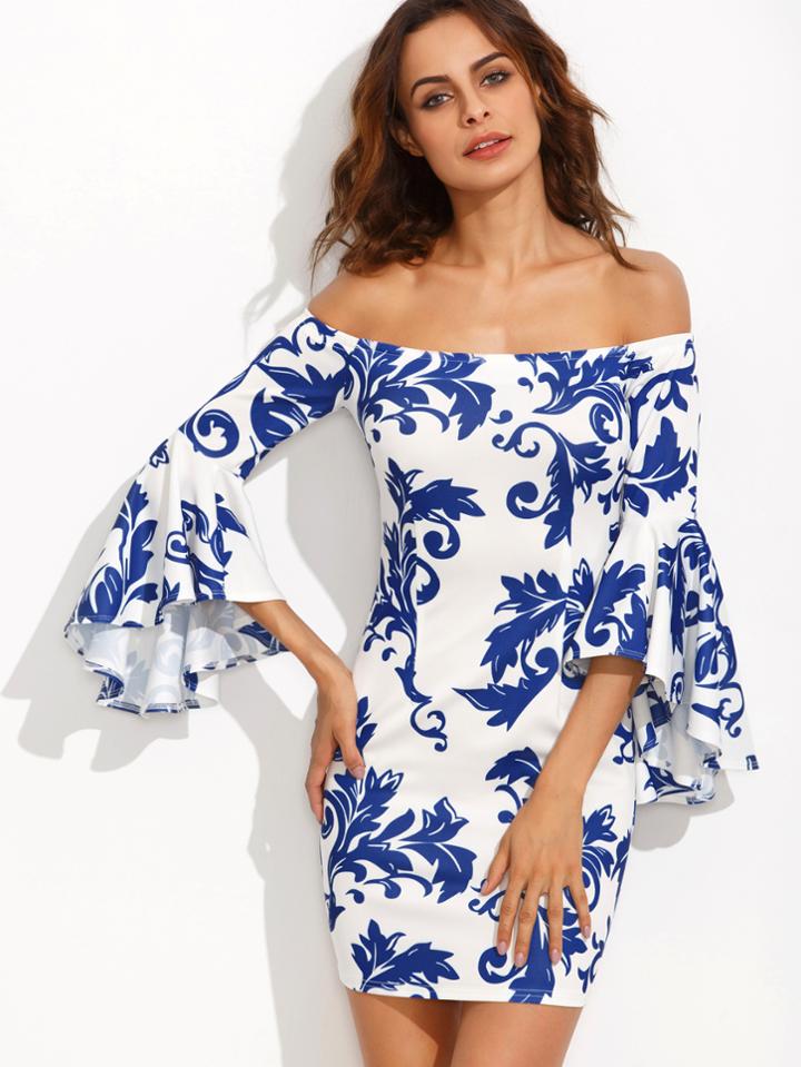 Shein Porcelain Print Bardot Fluted Sleeve Dress