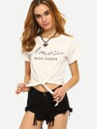 Shein White Short Sleeve Letters Print Tie T-shirt