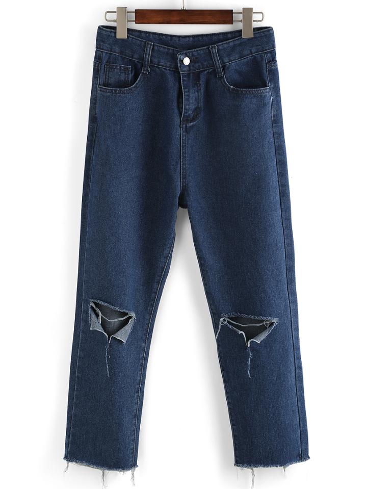Shein Navy Frayed Cut Out Denim Loose Pant