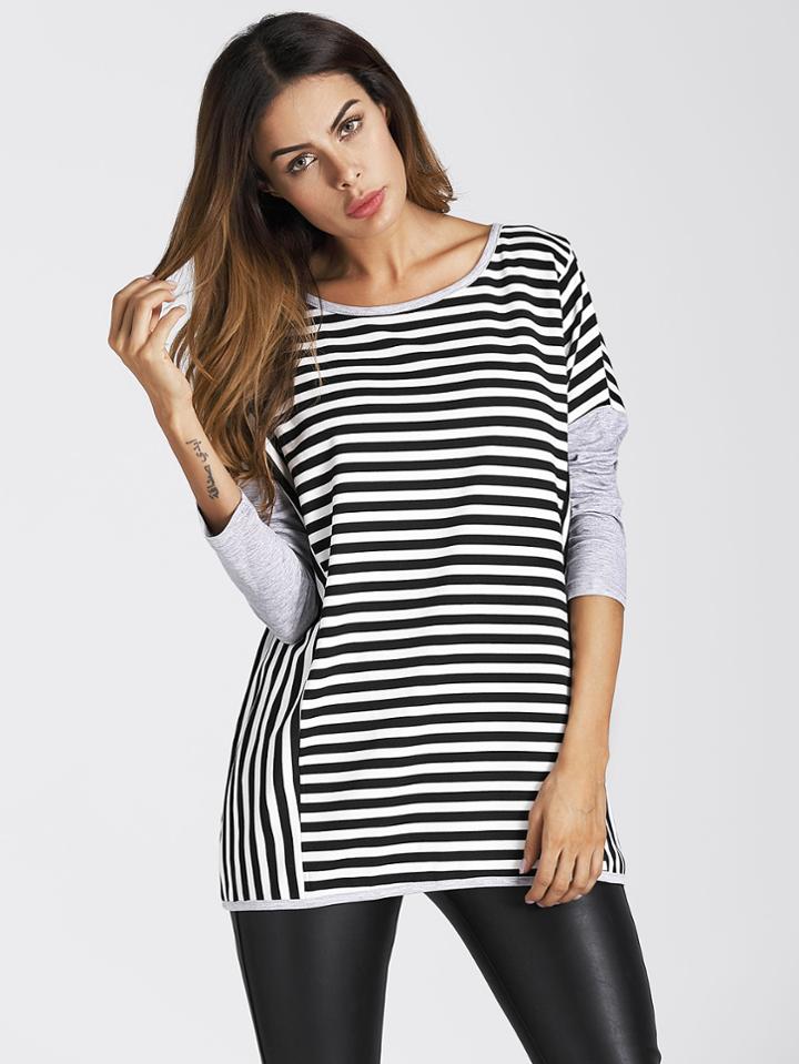 Shein Contrast Marled Sleeve Striped Tee