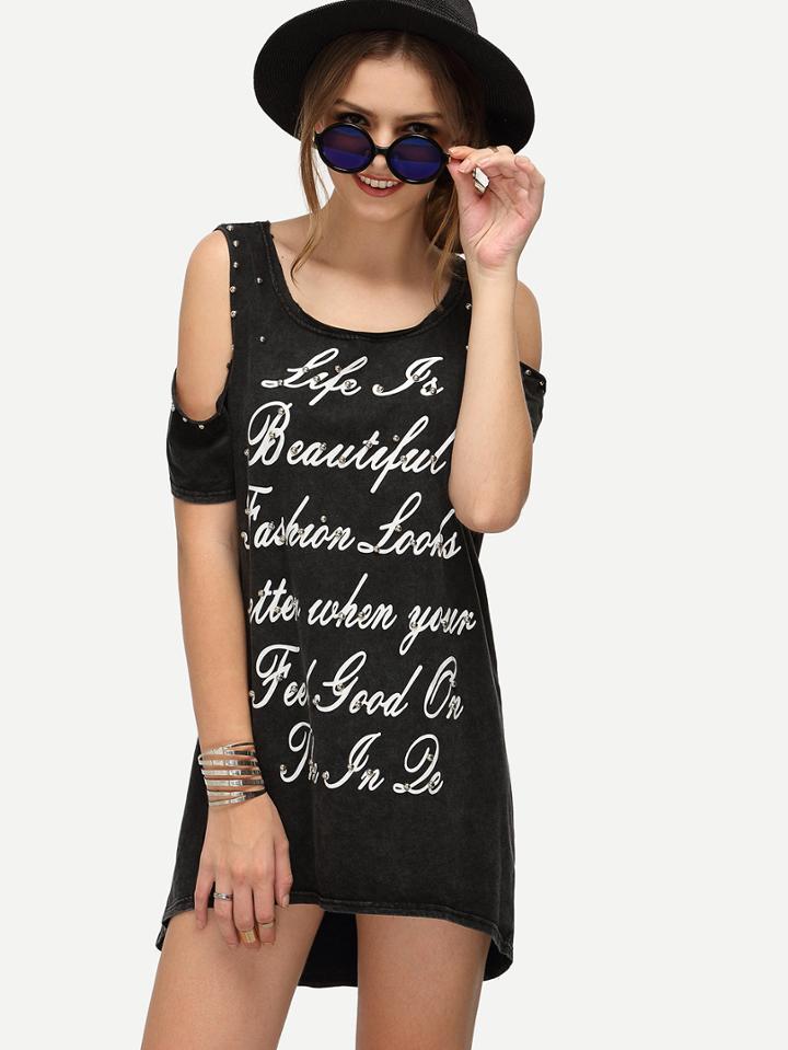 Shein Open Shoulder Studded Letter Print Dress - Black