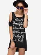 Shein Open Shoulder Studded Letter Print Dress - Black
