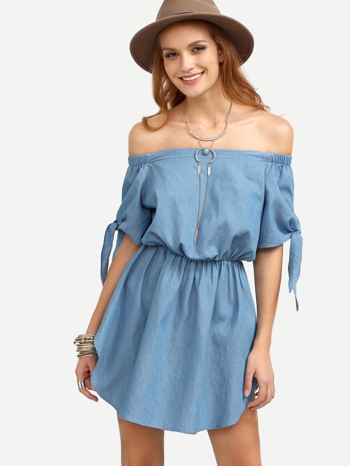 Shein Off Shoulder Tie Cuff Dolphin Hem Dress With Elasticated Waist