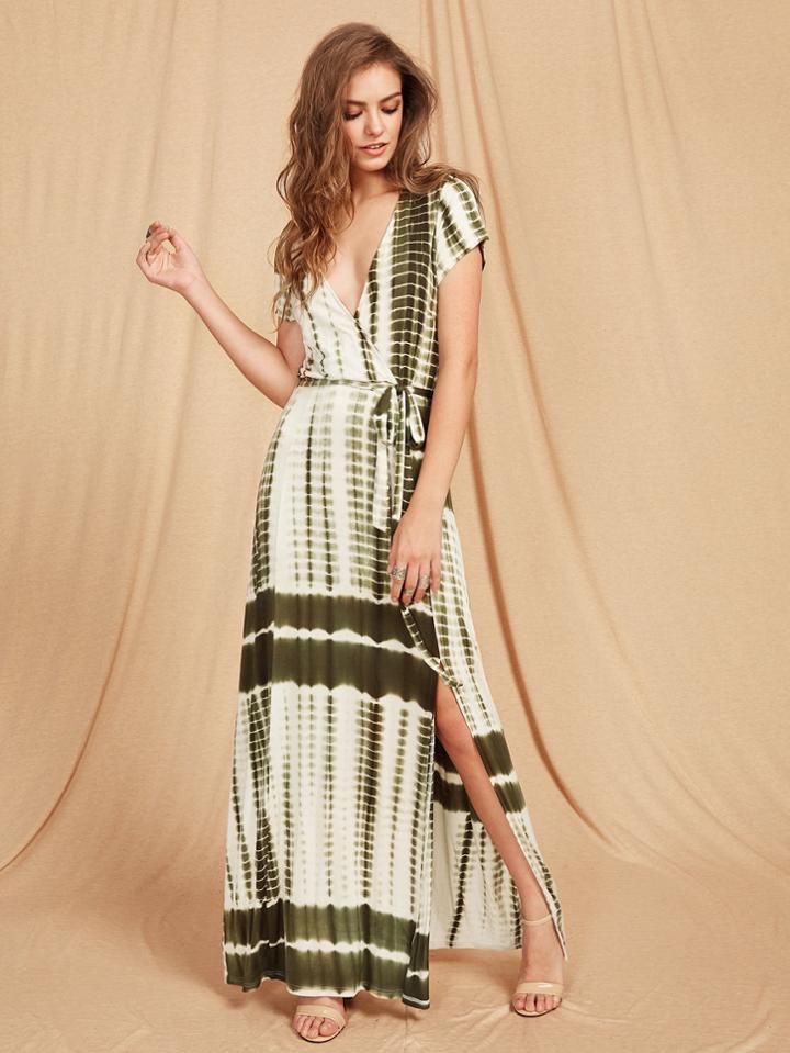 Shein Tie Dye Stripe Slit Surplice Wrap Dress
