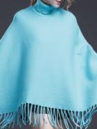 Shein Blue High Neck Tassels Cape Blouse