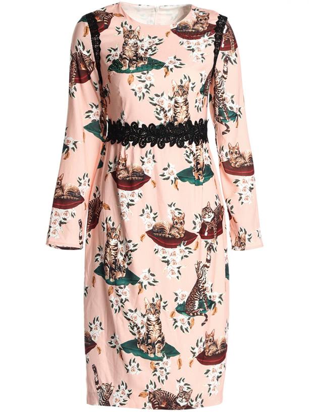 Shein Cats Print Floral Sheath Dress