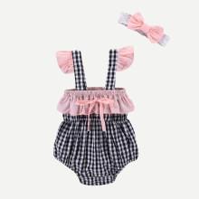 Shein Girls Ruffle Gingham Romper With Headband