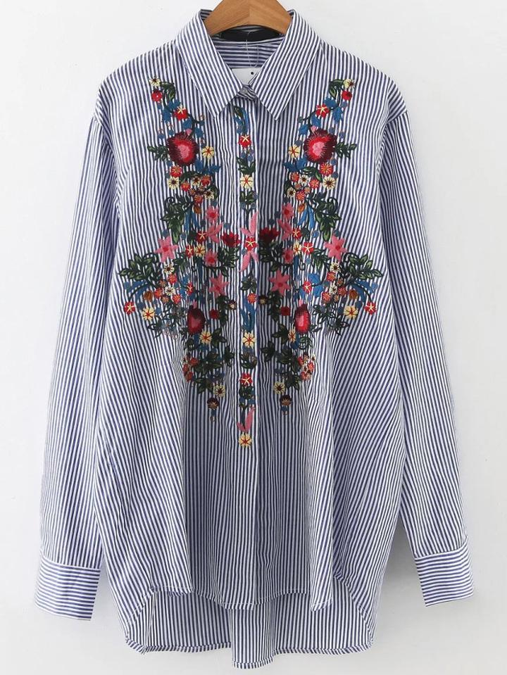 Shein Blue Vertical Striped Flower Embroidery Dip Hem Blouse