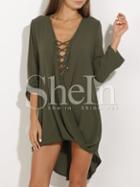 Shein Army Green Long Sleeve Lace Up Asymmetric Dress