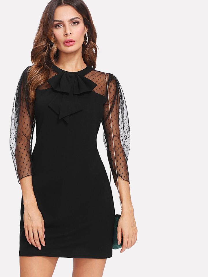 Shein Dot Mesh Shoulder Ruffle Accent Dress
