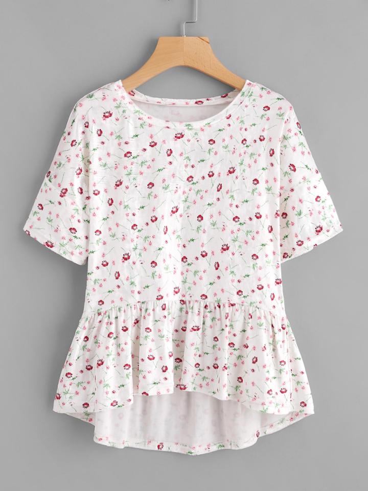 Shein Calico Print Frill Hem High Low Tee