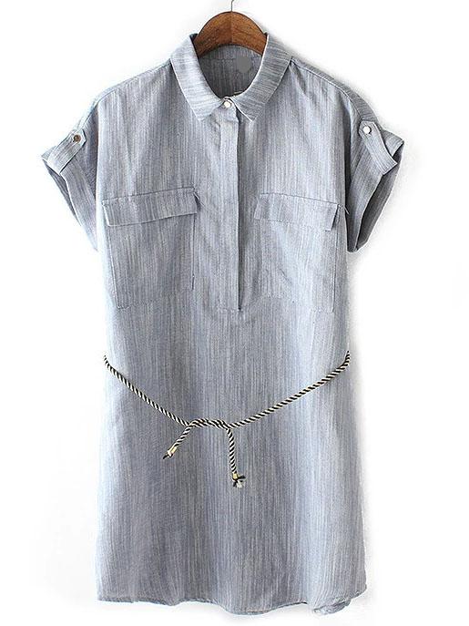 Shein Blue Short Sleeve Pockets Shirt Dress