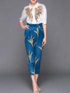 Shein White Lapel Sequined Top With Print Pants