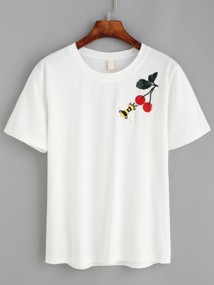 Shein White Cherry Bee Patch T-shirt