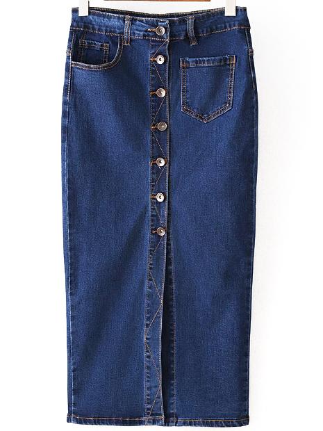 Shein Single Breasted Denim Split Skinny Blue Skirt