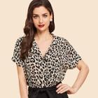 Shein Notched Collar Leopard Print Batwing Shirt