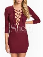 Shein Wine Red Long Sleeve Lace Up Bodycon Dress