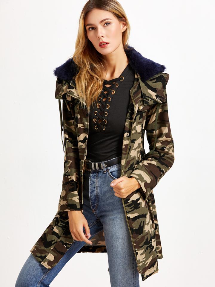 Shein Army Green Camo Print Faux Fur Collar Hooded Utility Coat