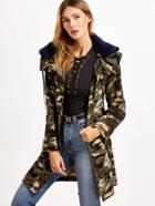 Shein Army Green Camo Print Faux Fur Collar Hooded Utility Coat