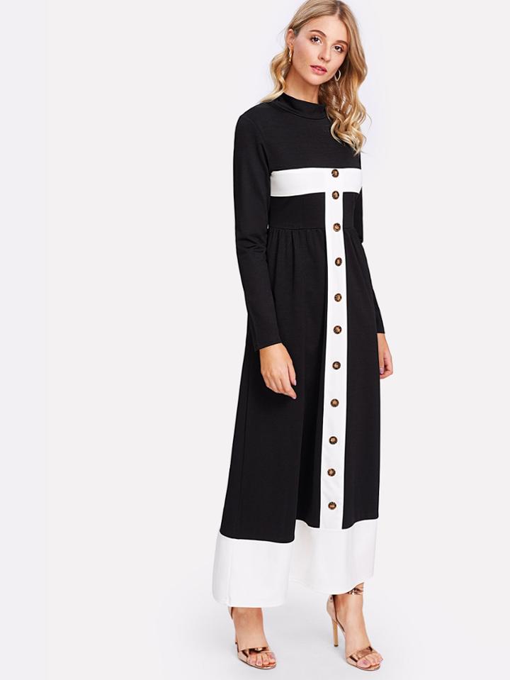 Shein Contrast Stripe Trim Button Front Dress