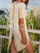 Shein Apricot Roll-cuff Crochet Split Back T-shirt