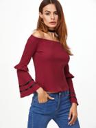 Shein Burgundy Off The Shoulder Striped Bell Sleeve Ribbed T-shirt