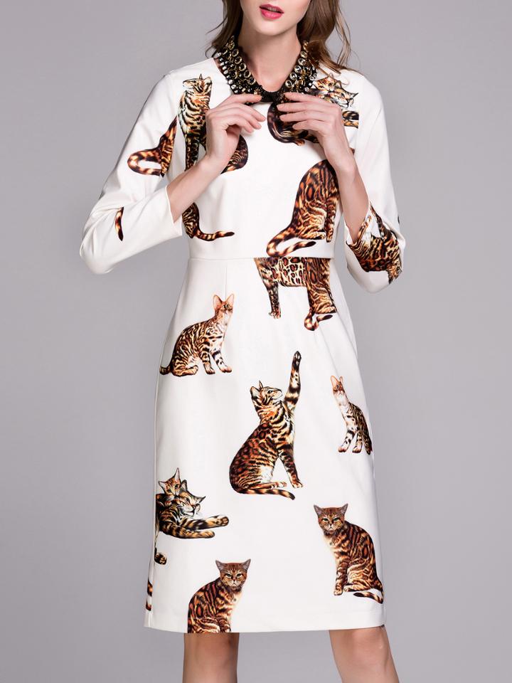Shein White Beading Neck Cats Print Shift Dress