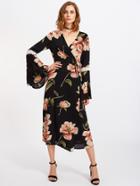Shein Random Florals Contrast Lace Fluted Sleeve Overlap Dress