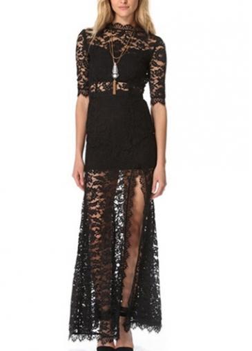 Rosewe Stylish Black Open Back Half Sleeve Maxi Dress