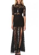 Rosewe Stylish Black Open Back Half Sleeve Maxi Dress