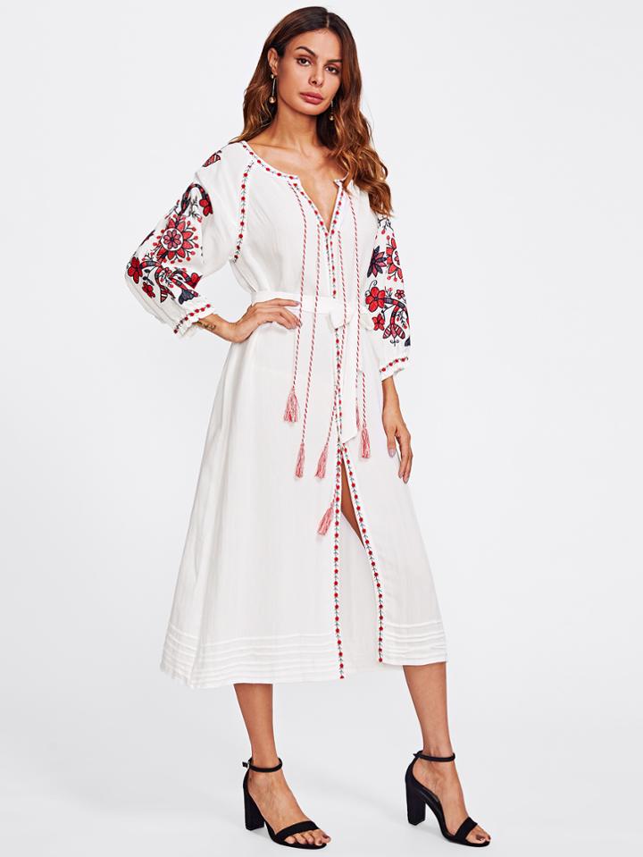 Shein Embroidered Detail V Cut Tassel Tie Slit Dress