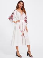 Shein Embroidered Detail V Cut Tassel Tie Slit Dress