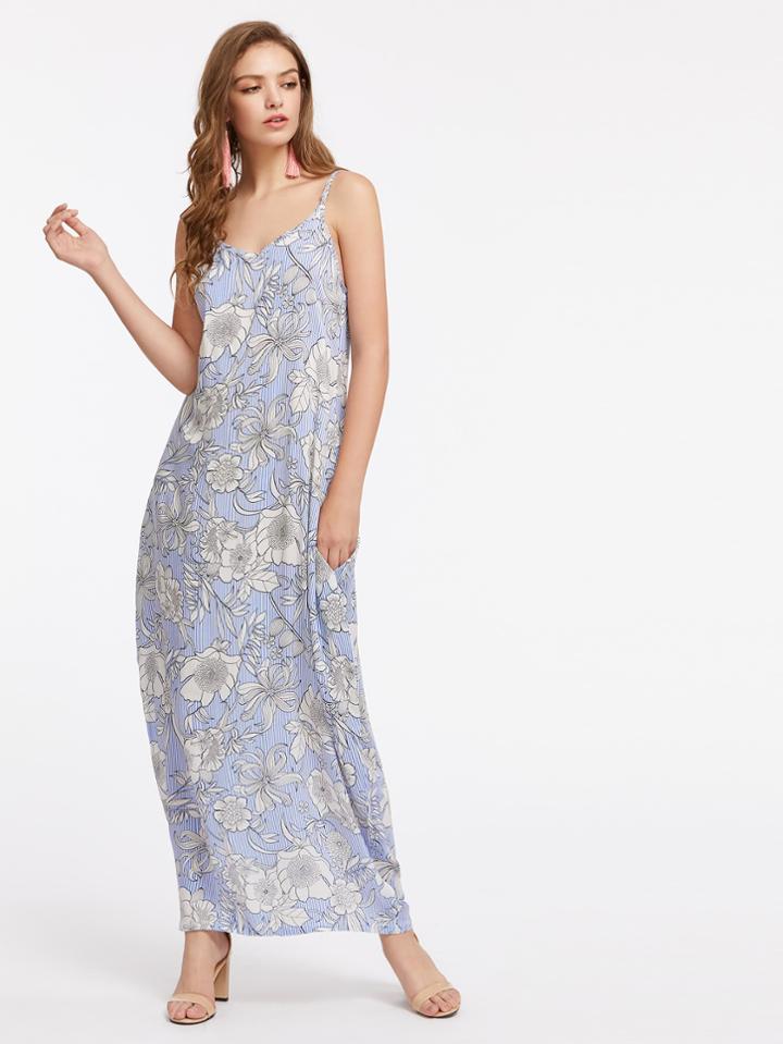 Shein Allover Florals Pinstriped V Back Cami Dress