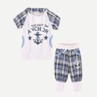 Shein Boys Letter And Plaid Hooded Tee With Drawstring Shorts