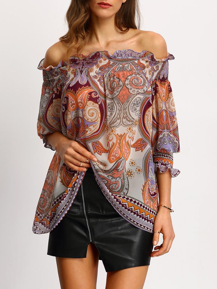 Shein Off The Shoulder Paisley Print Ruffle Chiffon Shirt