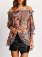 Shein Off The Shoulder Paisley Print Ruffle Chiffon Shirt