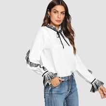 Shein Contrast Lace Knot Neck Blouse