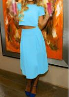 Rosewe Light Blue Short Sleeve Crop Top And Skirt