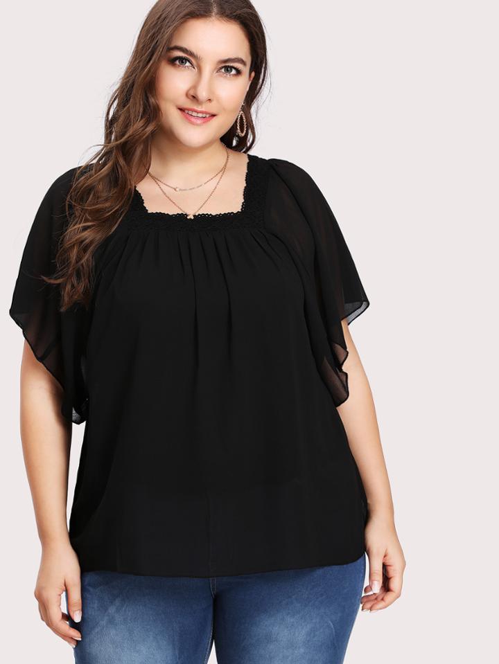 Shein Crochet Trim Neck Pleated Blouse