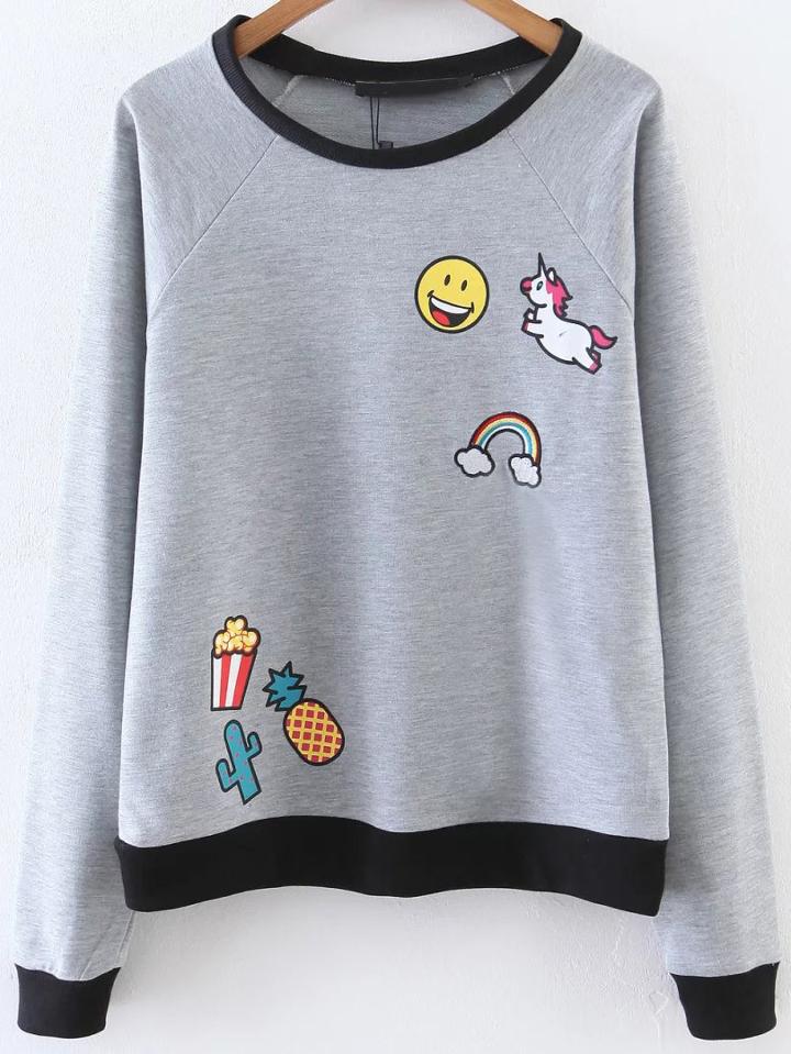 Shein Grey Cartoon Print Contrast Trim Raglan Sleeve Sweatshirt
