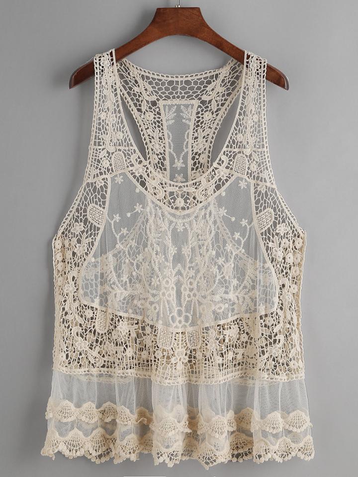 Shein Beige Hollow Out Crochet Lace Tank Top