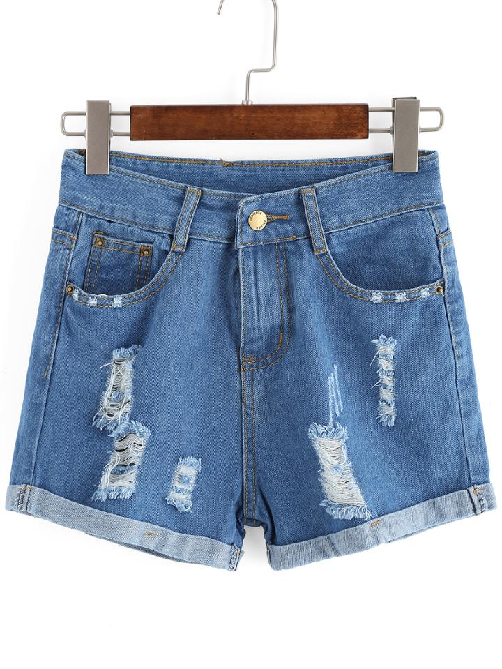 Shein Ripped Cuffed Denim Blue Shorts