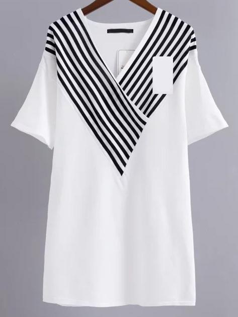Shein White Striped V Neck Long Knitwear