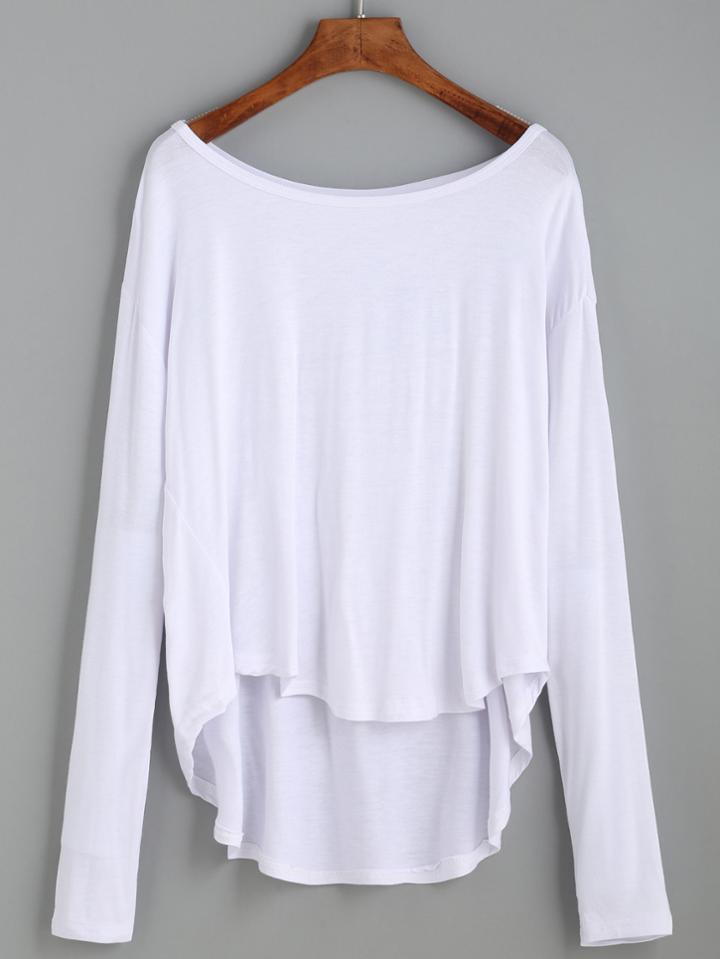 Shein White Drop Shoulder High Low T-shirt