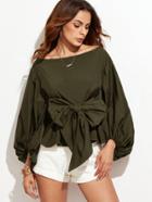 Shein Army Green Lantern Sleeve Knot Bow Wasit Blouse