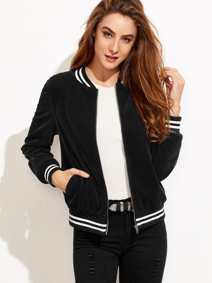 Shein Black Striped Trim Zip Up Velvet Bomber Jacket