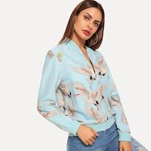 Shein Crane Print Zip Up Jacket