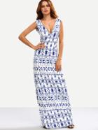 Shein White Tribal Print Double V Neck Maxi Dress