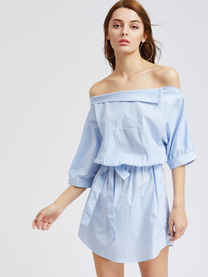 Shein Boat Neckline Elbow Sleeve Pinstrip Dress With Self Tie